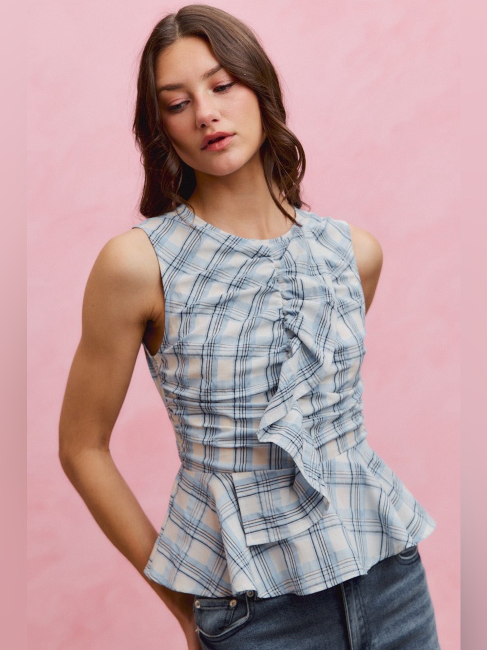 SO ME Plaid Sleeveless Ruffle Peplum Top